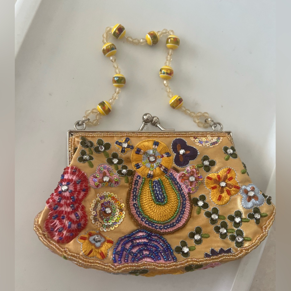 Embellished 2-way Yellow Beaded Floral Women’s satin Clutch